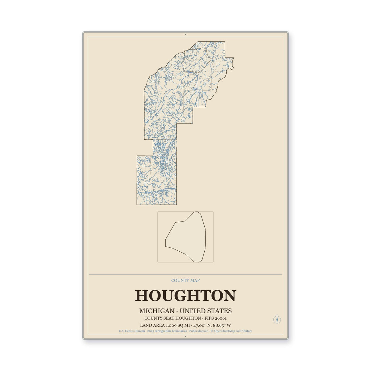 Houghton County, Michigan Map Aluminum Sign in Heritage Nautical style
