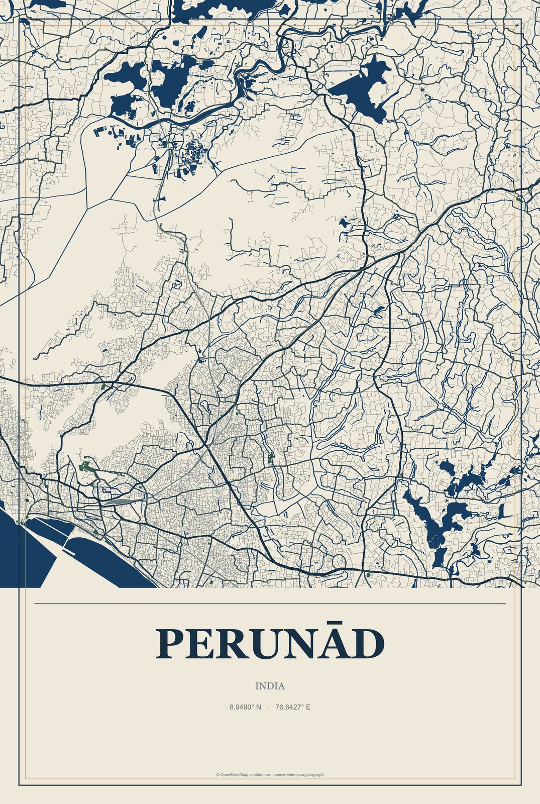 Perunād, India City Map Aluminum Sign in Coastal Cutout style