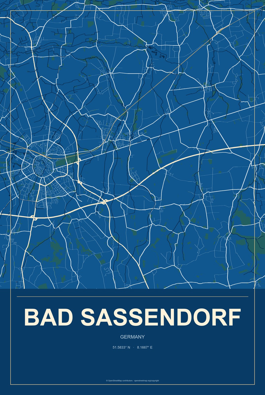 Bad Sassendorf, Germany City Map Aluminum Sign in Harbor Cobalt style
