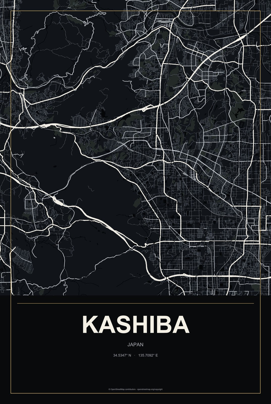 Kashiba, Japan City Map Aluminum Sign in Metropolitan Noir style