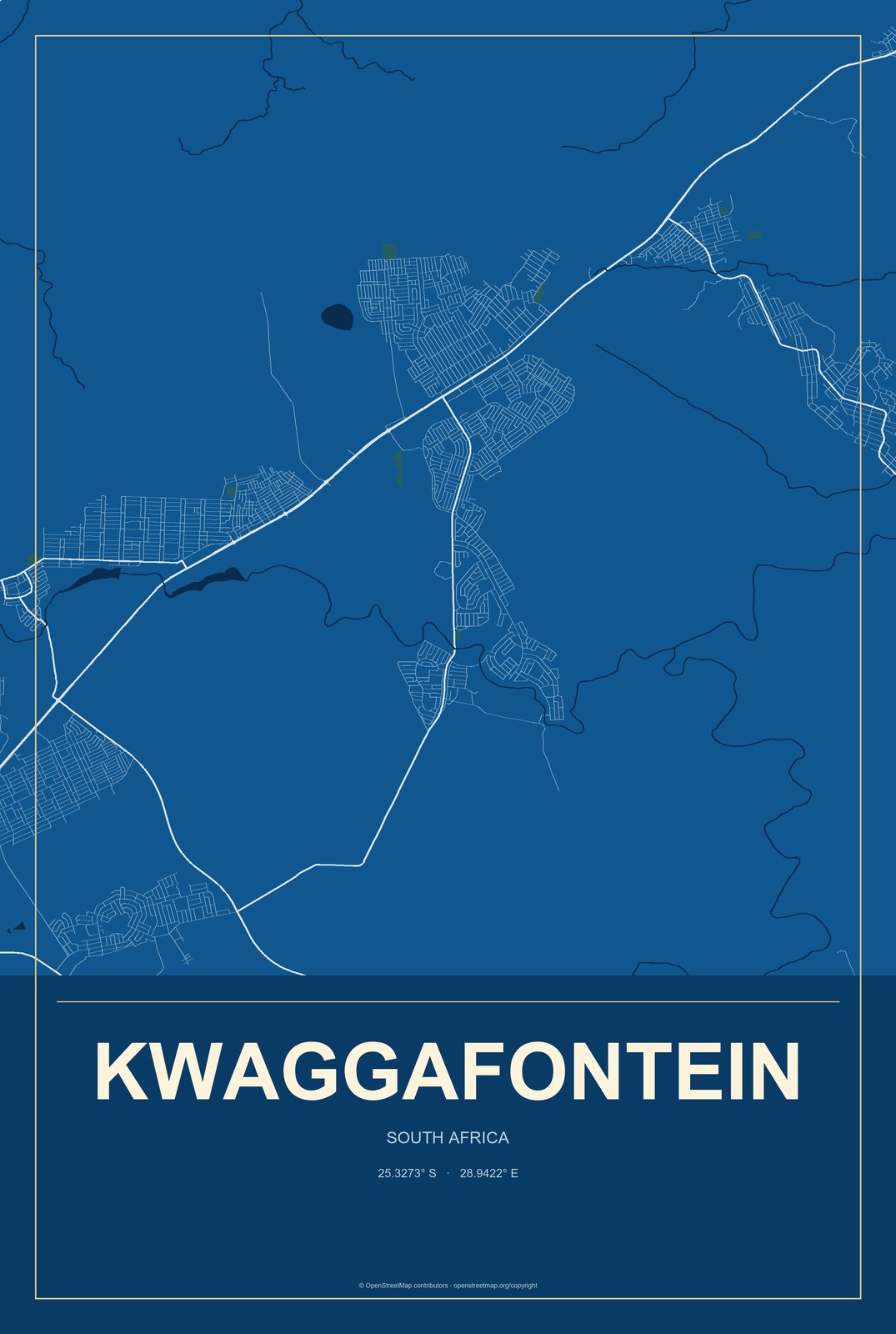 Kwaggafontein, South Africa City Map Aluminum Sign in Harbor Cobalt style
