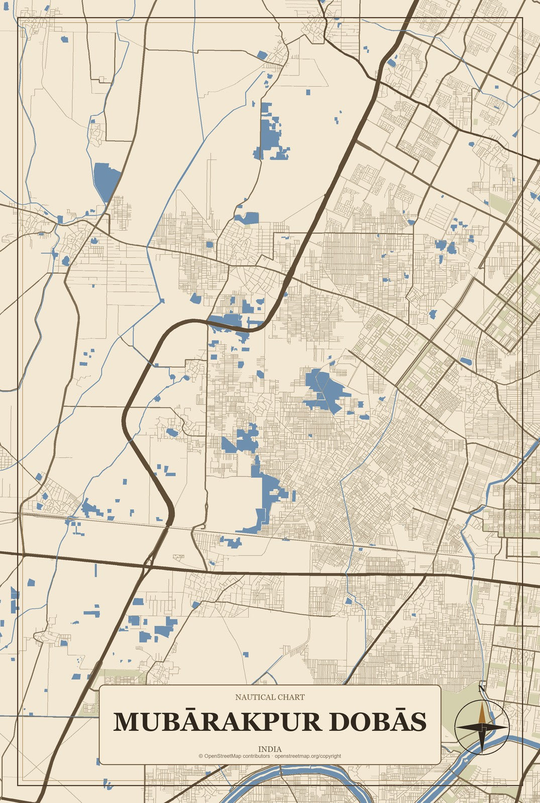 Mubārakpur Dobās, India City Map Aluminum Sign in Heritage Nautical style