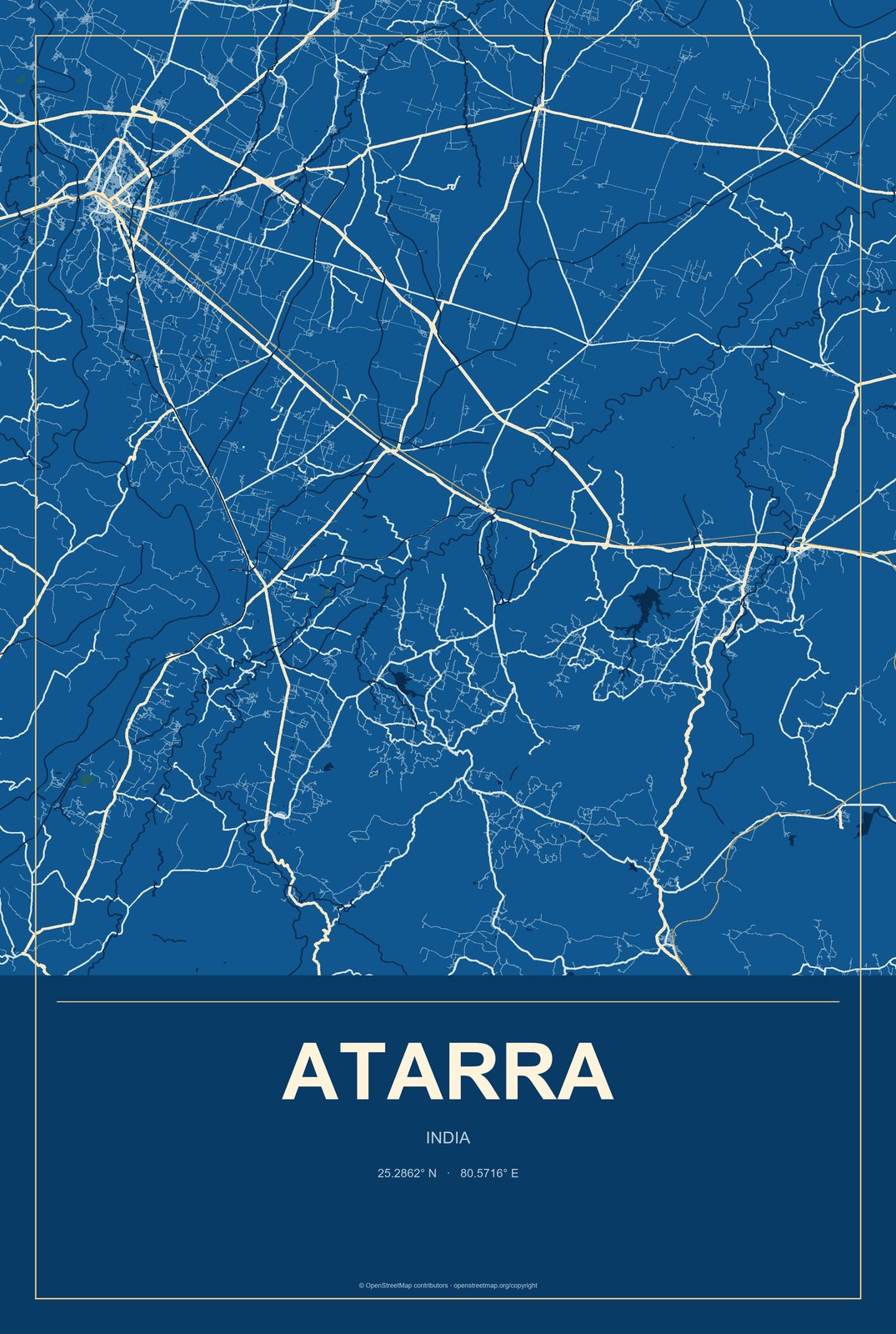 Atarra, India City Map Aluminum Sign in Harbor Cobalt style
