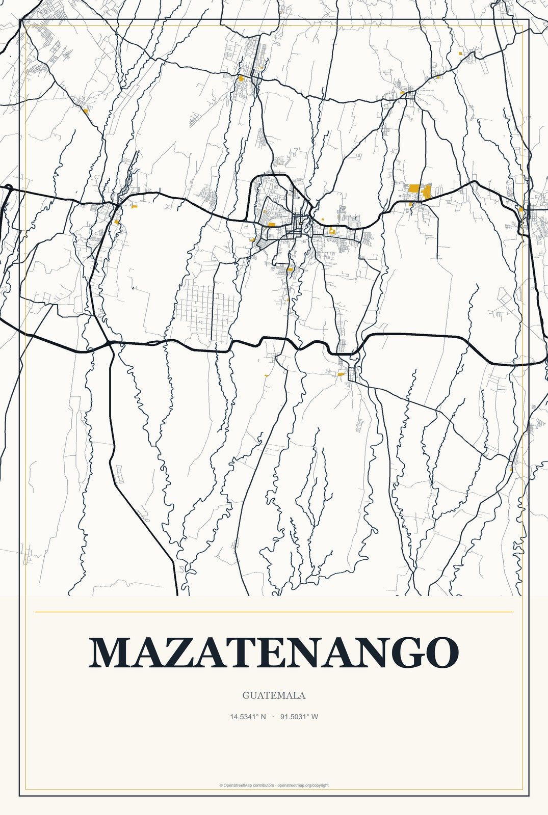 Mazatenango, Guatemala City Map Aluminum Sign in Citrine Modern style