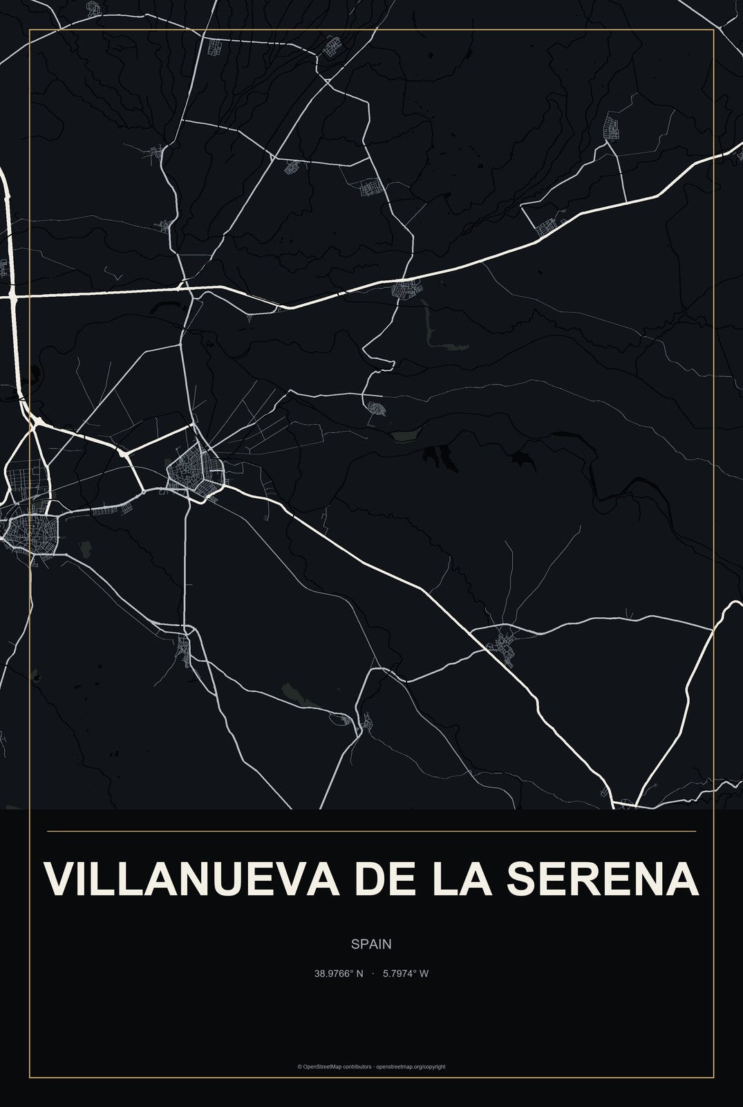 Villanueva de la Serena, Spain City Map Aluminum Sign in Metropolitan Noir style