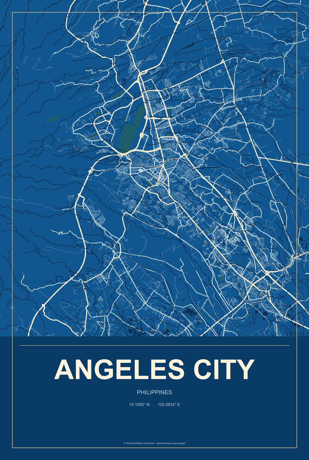 Angeles City, Philippines City Map Aluminum Sign in Harbor Cobalt style