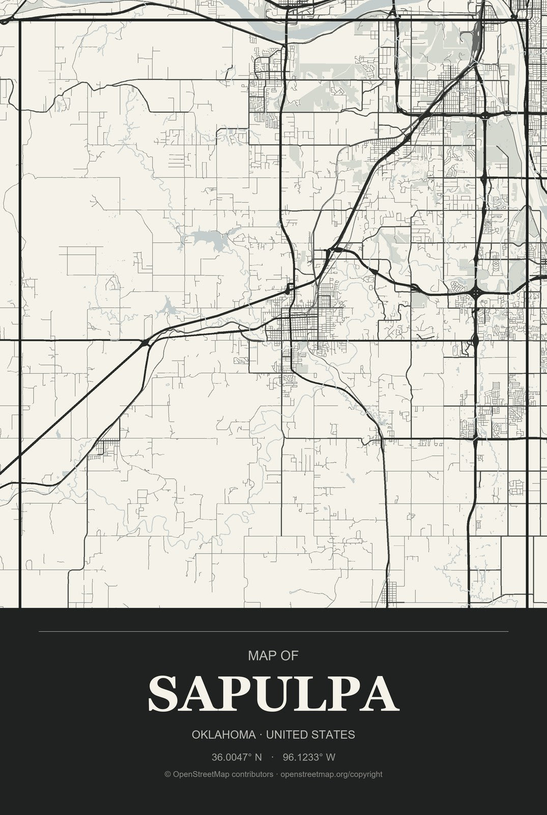 Sapulpa, Oklahoma City Map Aluminum Sign in Museum Plaque style