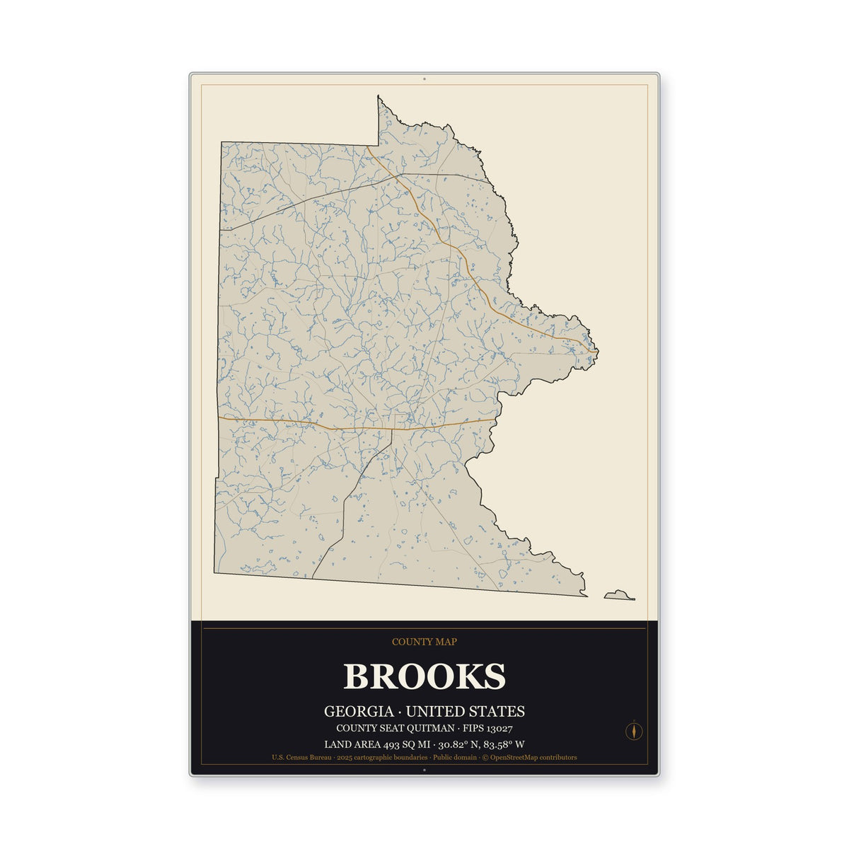 Brooks County, Georgia Map Aluminum Sign in Museum Plaque style