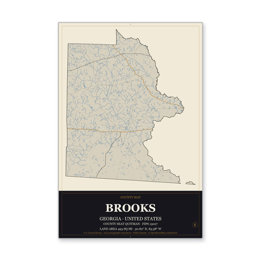 Brooks County, Georgia Map Aluminum Sign in Museum Plaque style