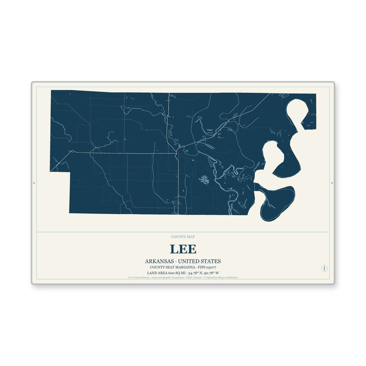 Lee County, Arkansas Map Aluminum Sign in Coastal Cutout style