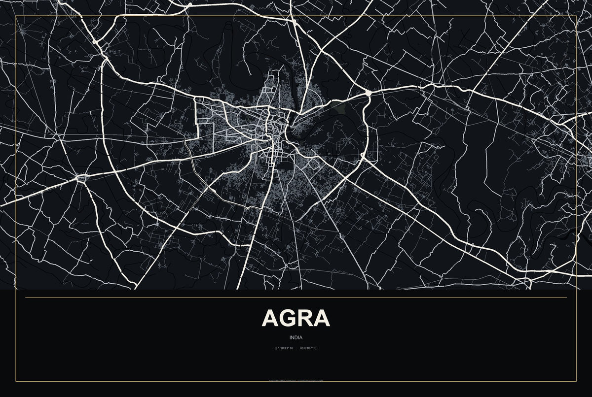Agra, India City Map Aluminum Sign in Metropolitan Noir style