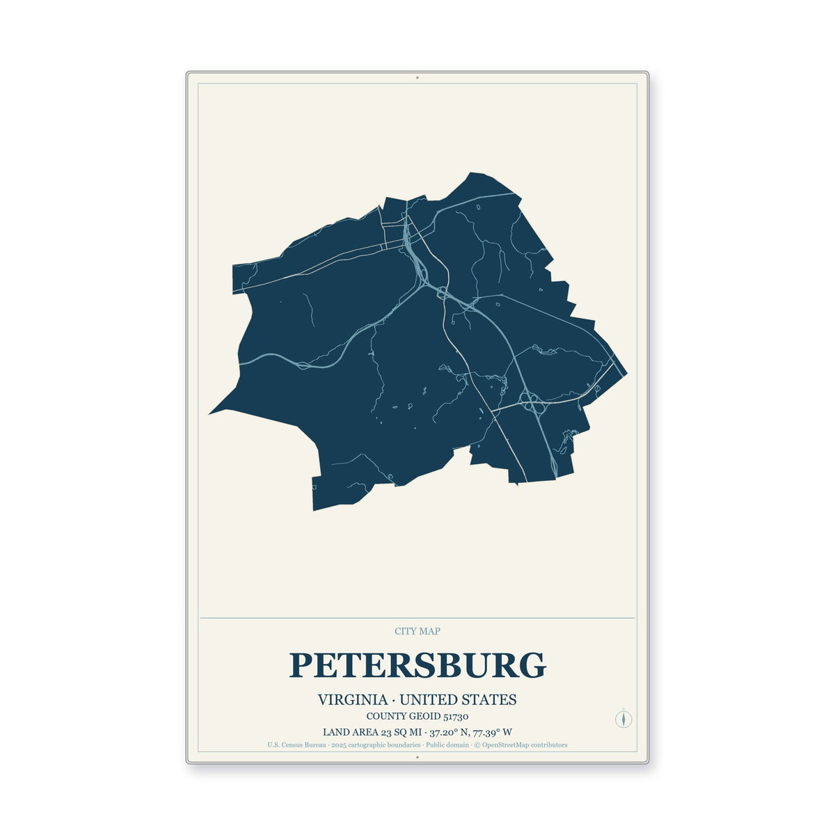 Petersburg city, Virginia Map Aluminum Sign in Coastal Cutout style