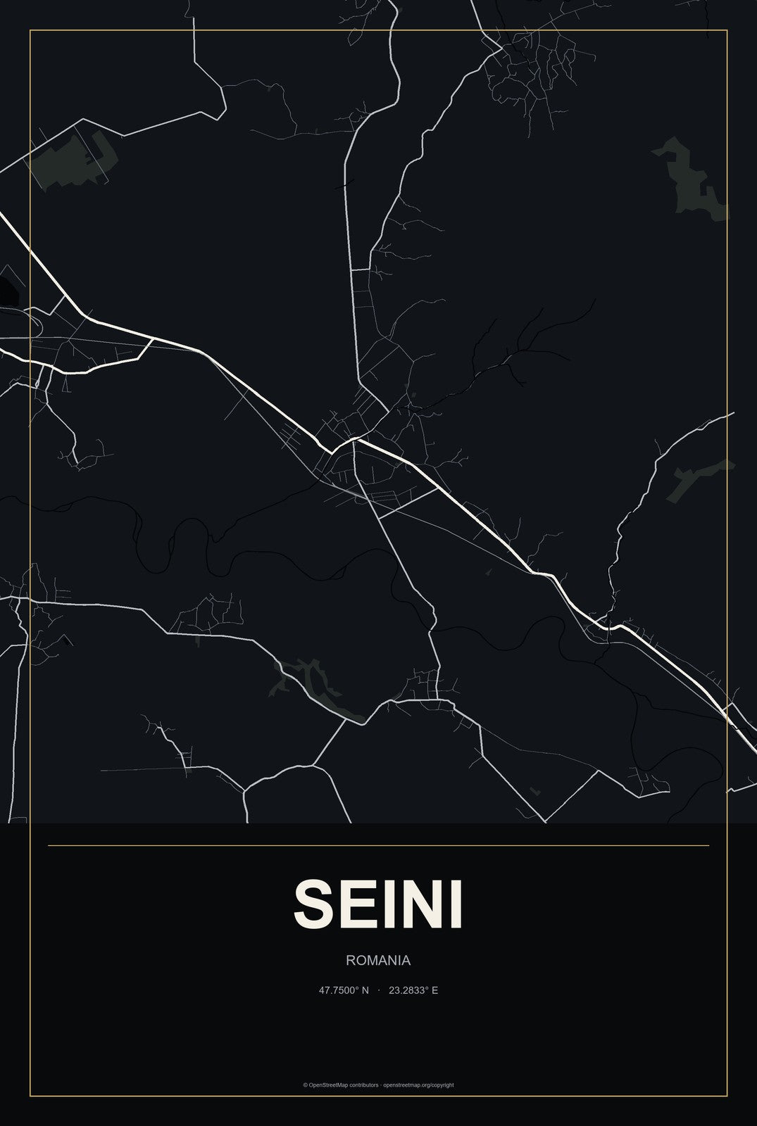 Seini, Romania City Map Aluminum Sign in Metropolitan Noir style