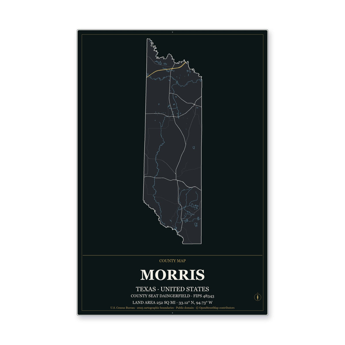 Morris County, Texas Map Aluminum Sign in Metropolitan Noir style