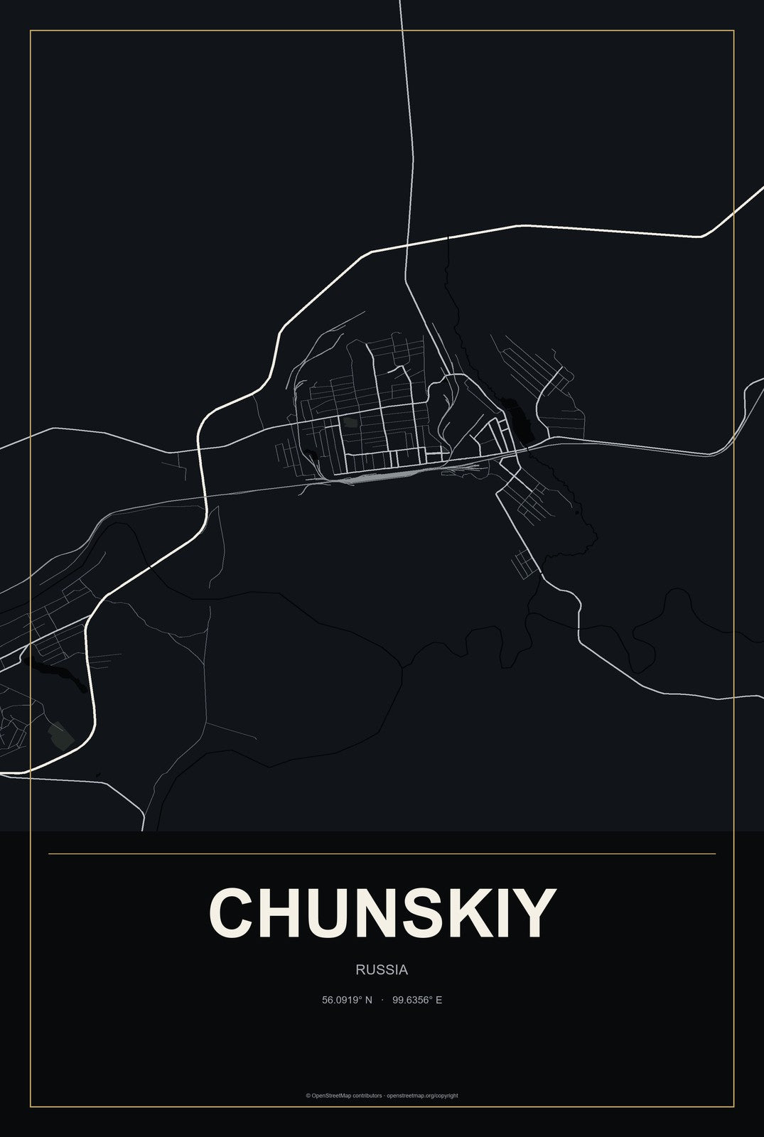Chunskiy, Russia City Map Aluminum Sign in Metropolitan Noir style