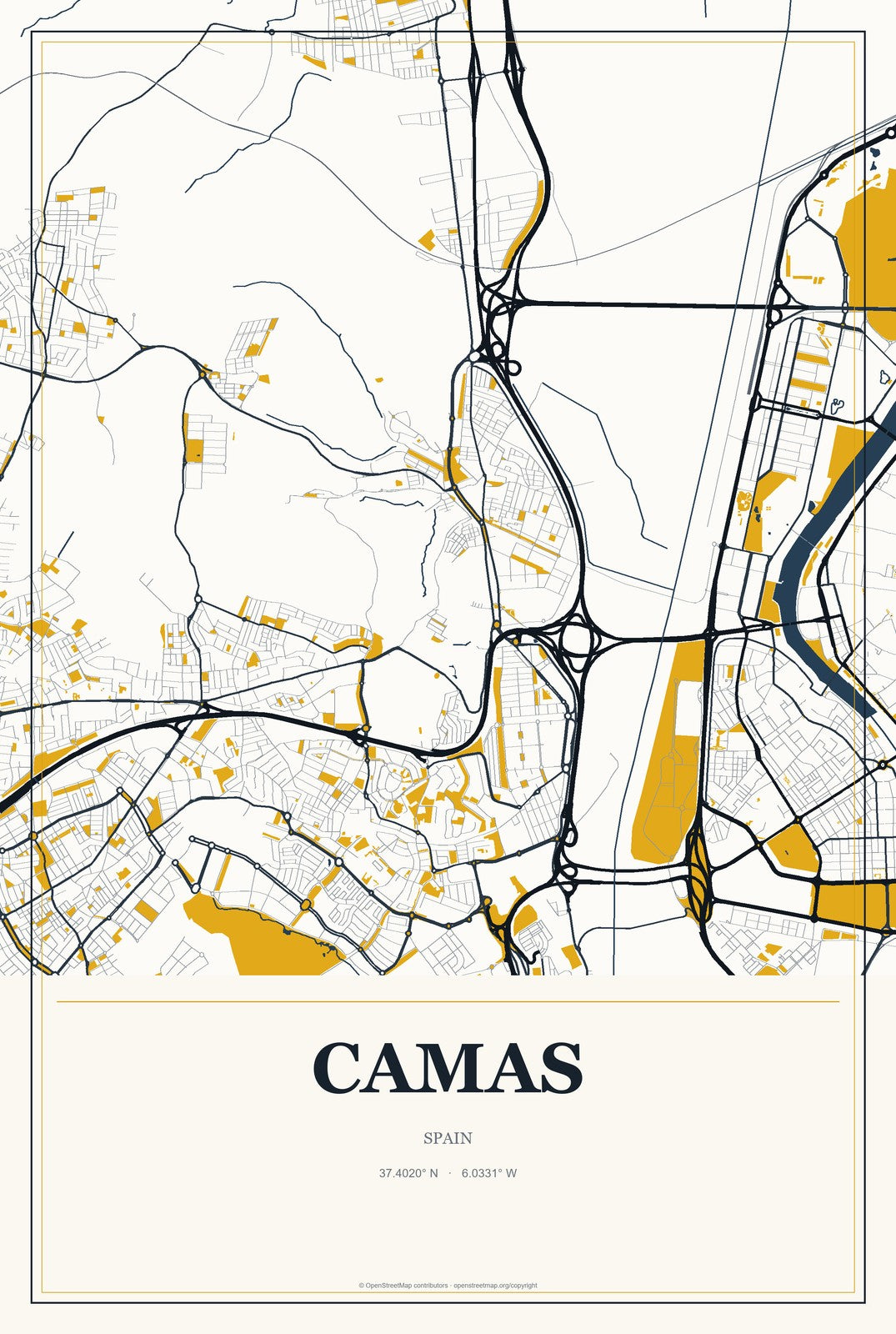 Camas, Spain City Map Aluminum Sign in Citrine Modern style