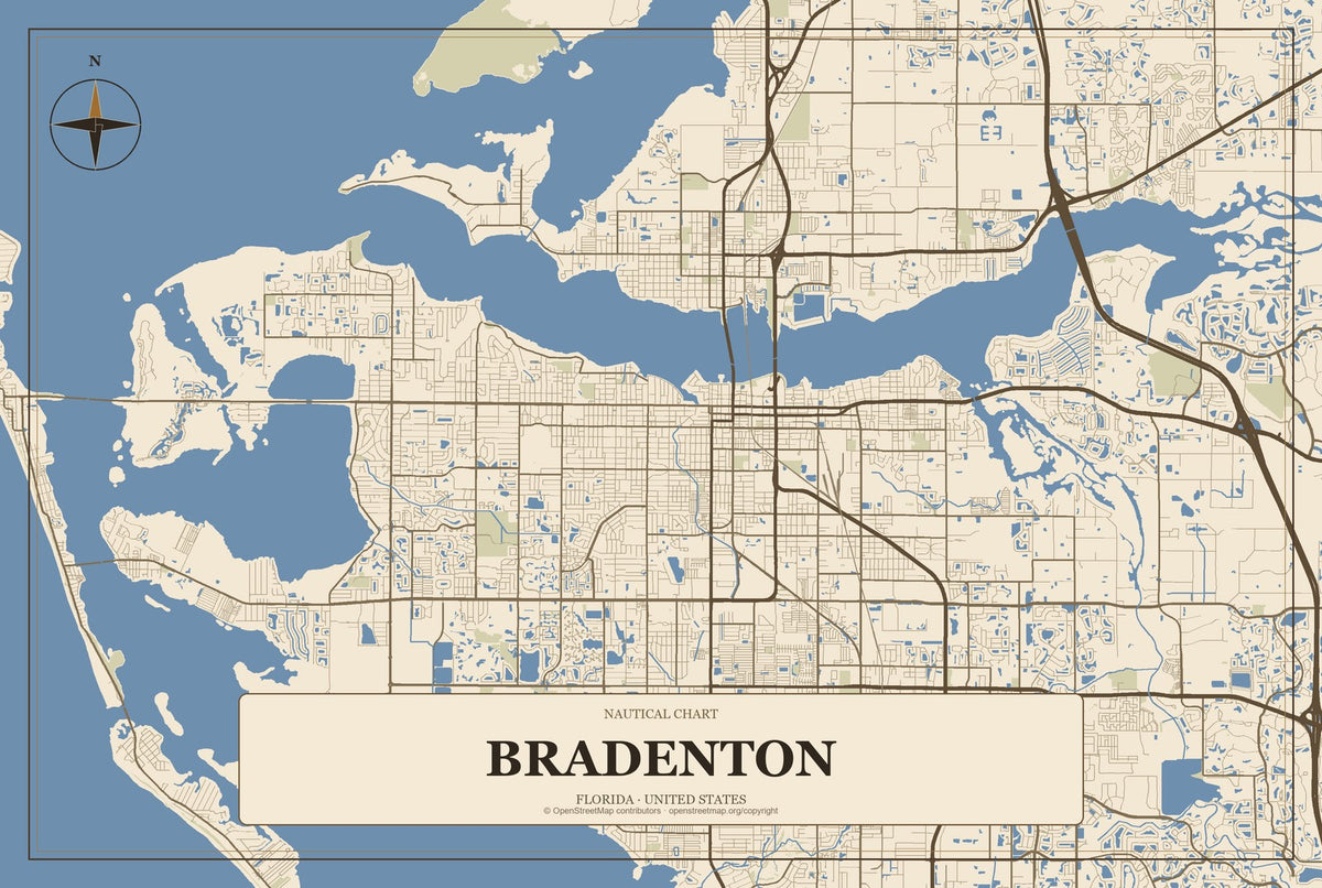 Bradenton, Florida City Map Aluminum Sign in Heritage Nautical style