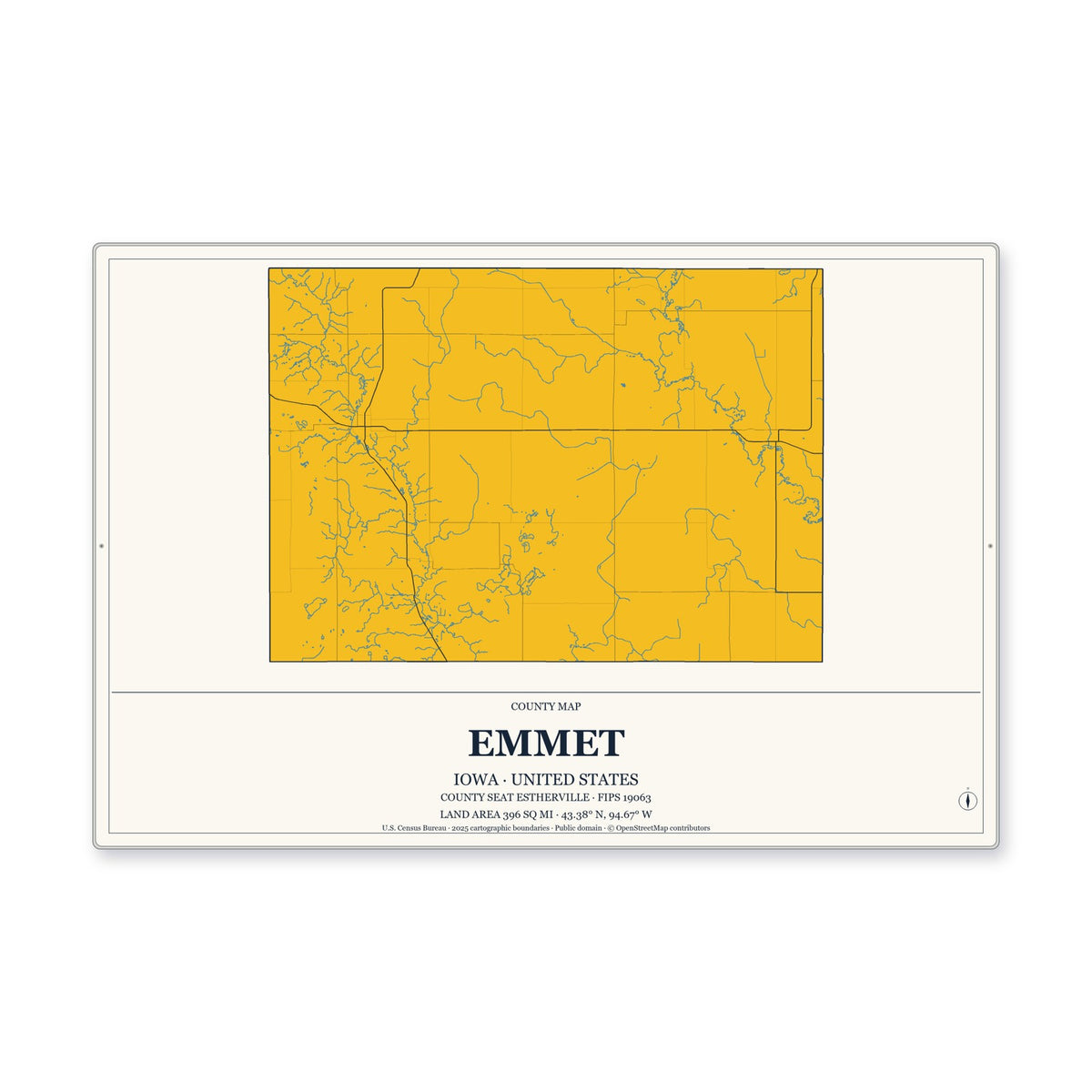 Emmet County, Iowa Map Aluminum Sign in Citrine Modern style