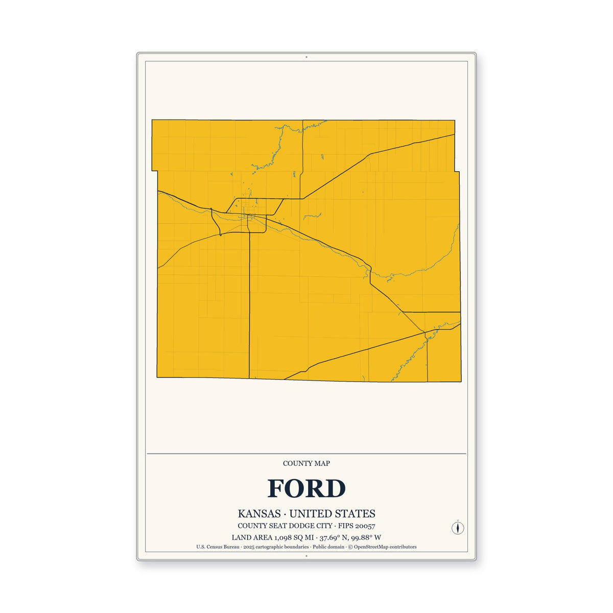 Ford County, Kansas Map Aluminum Sign in Citrine Modern style