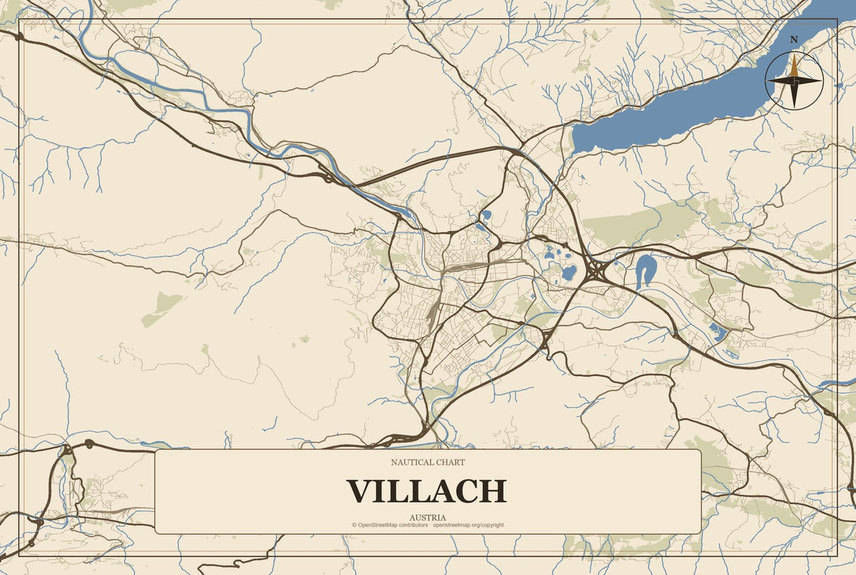 Villach, Austria City Map Aluminum Sign in Heritage Nautical style