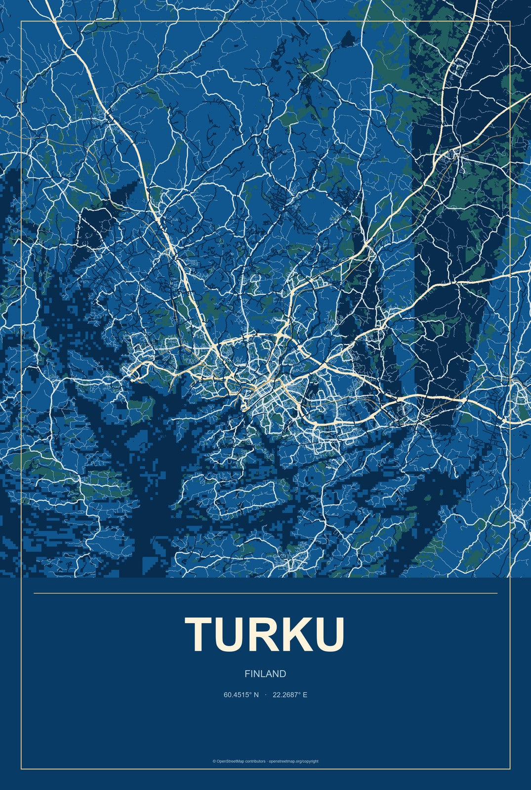 Turku, Finland City Map Aluminum Sign in Harbor Cobalt style
