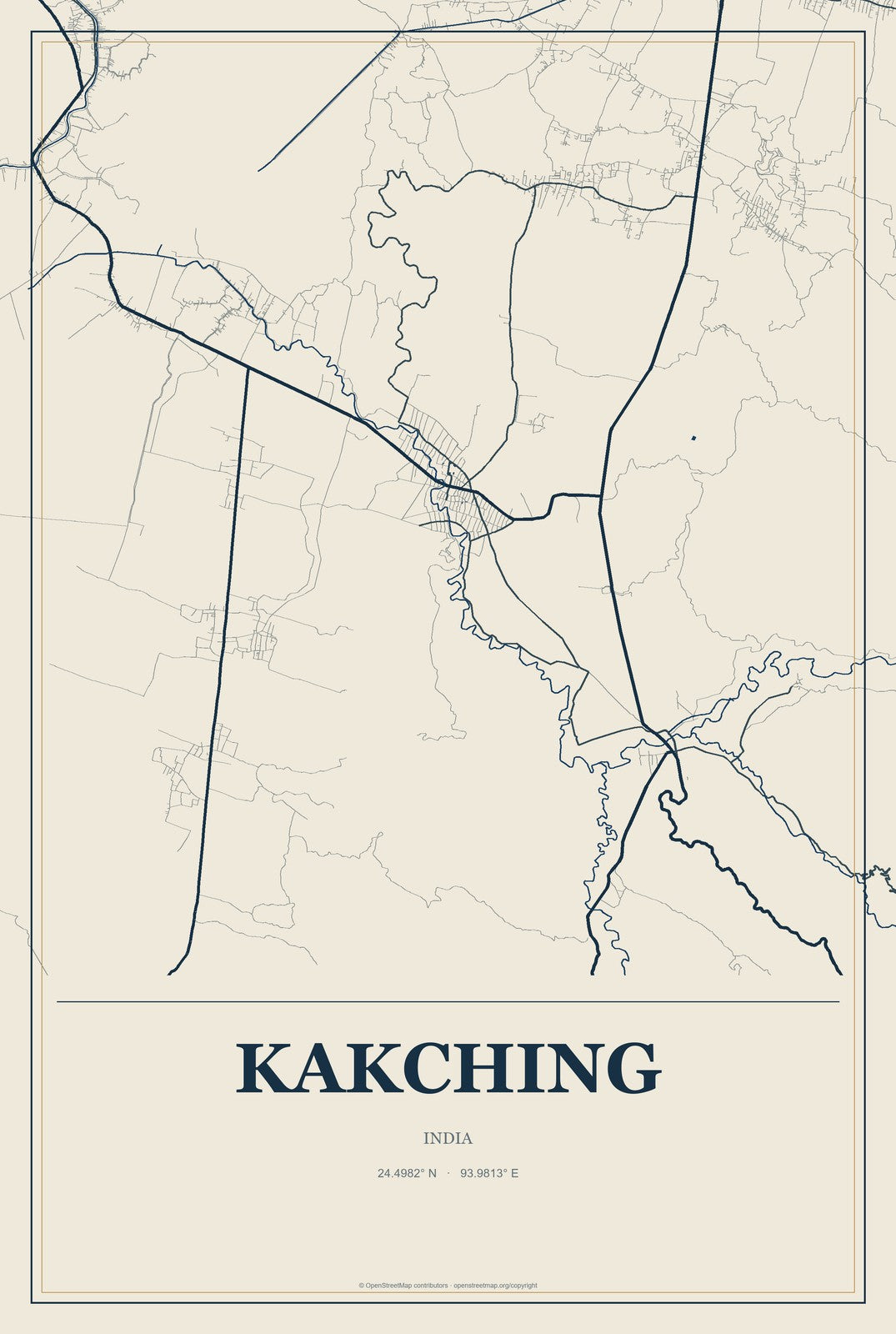Kakching, India City Map Aluminum Sign in Coastal Cutout style