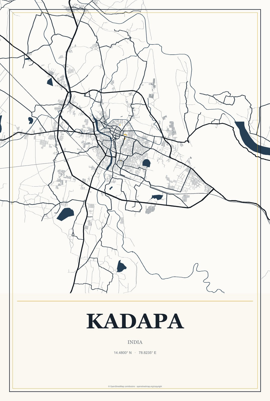 Kadapa, India City Map Aluminum Sign in Citrine Modern style