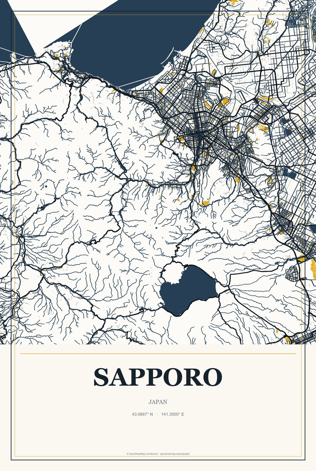 Sapporo, Japan City Map Aluminum Sign in Citrine Modern style
