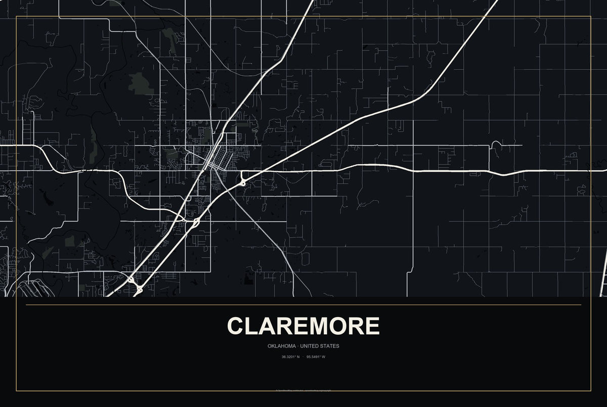 Claremore, Oklahoma City Map Aluminum Sign in Metropolitan Noir style