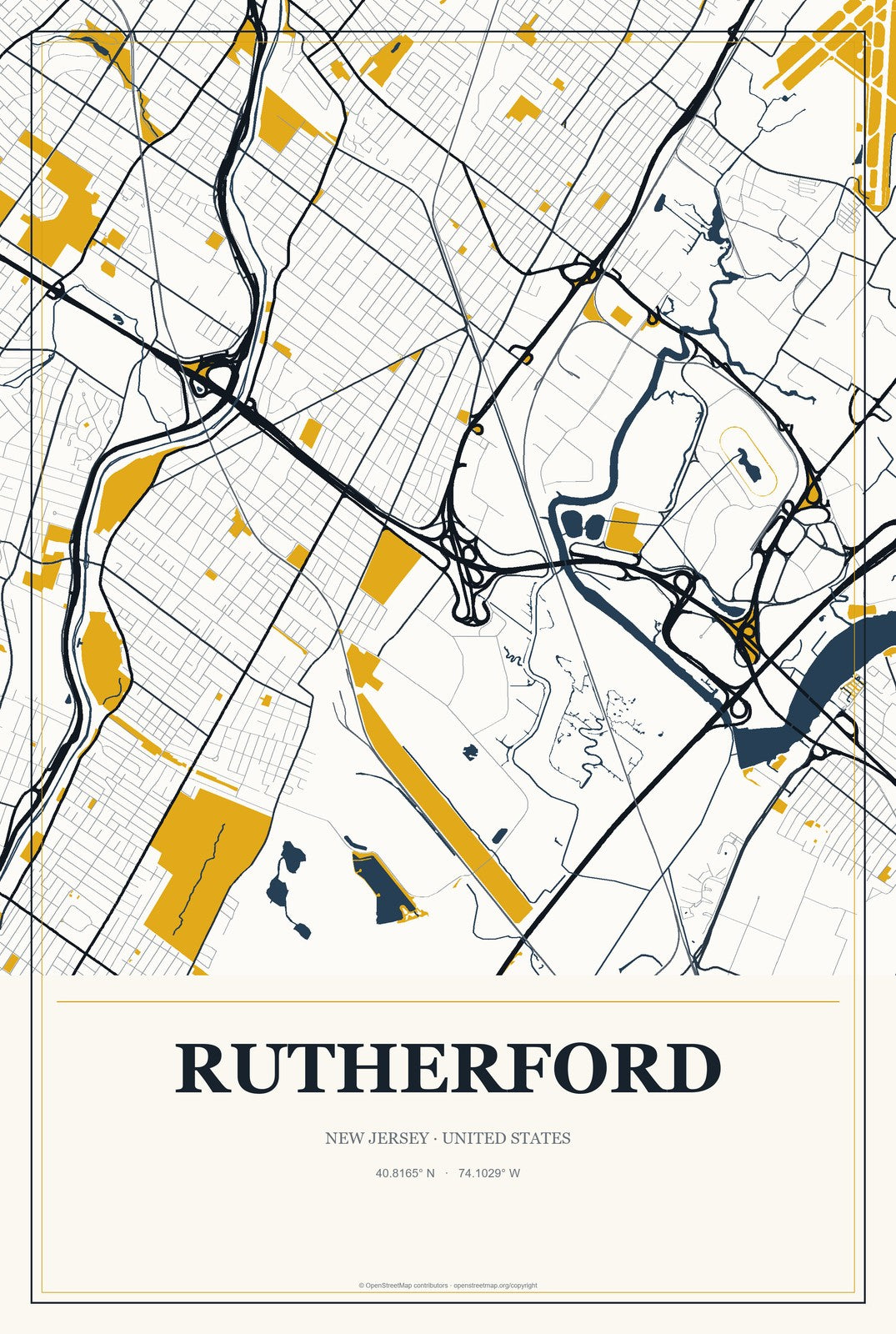 Rutherford, New Jersey City Map Aluminum Sign in Citrine Modern style