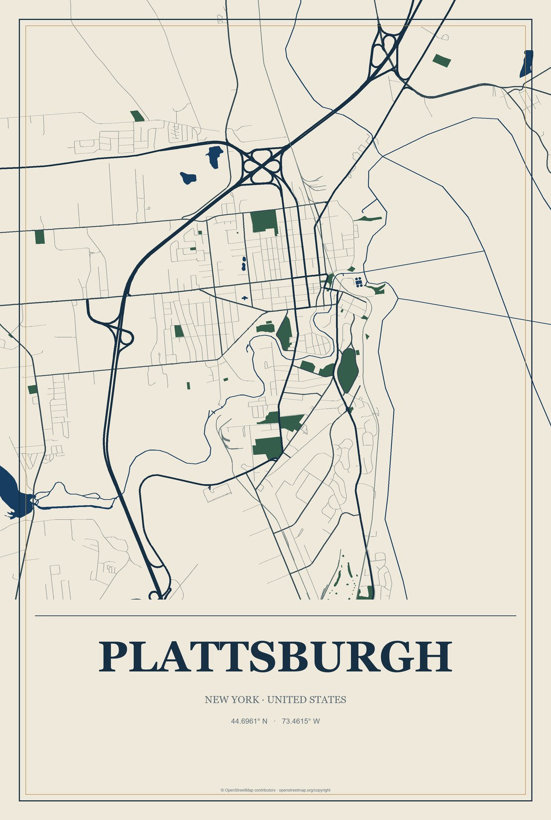 Plattsburgh, New York City Map Aluminum Sign in Coastal Cutout style