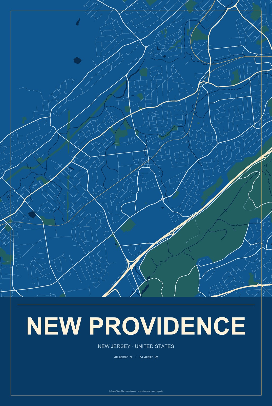 New Providence, New Jersey City Map Aluminum Sign in Harbor Cobalt style