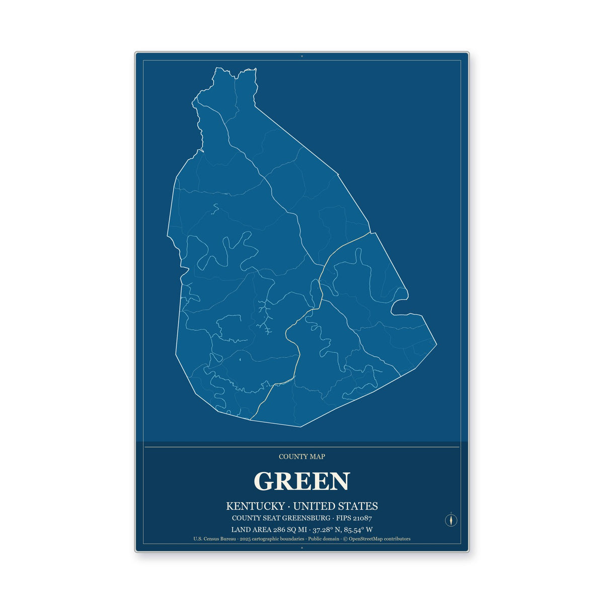 Green County, Kentucky Map Aluminum Sign in Harbor Cobalt style