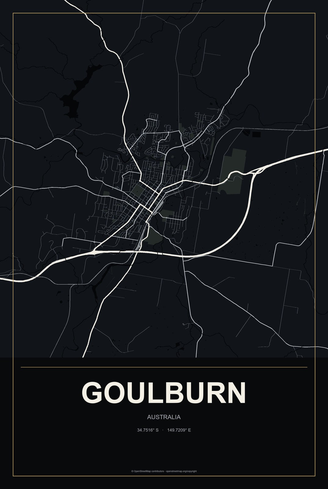 Goulburn, Australia City Map Aluminum Sign in Metropolitan Noir style