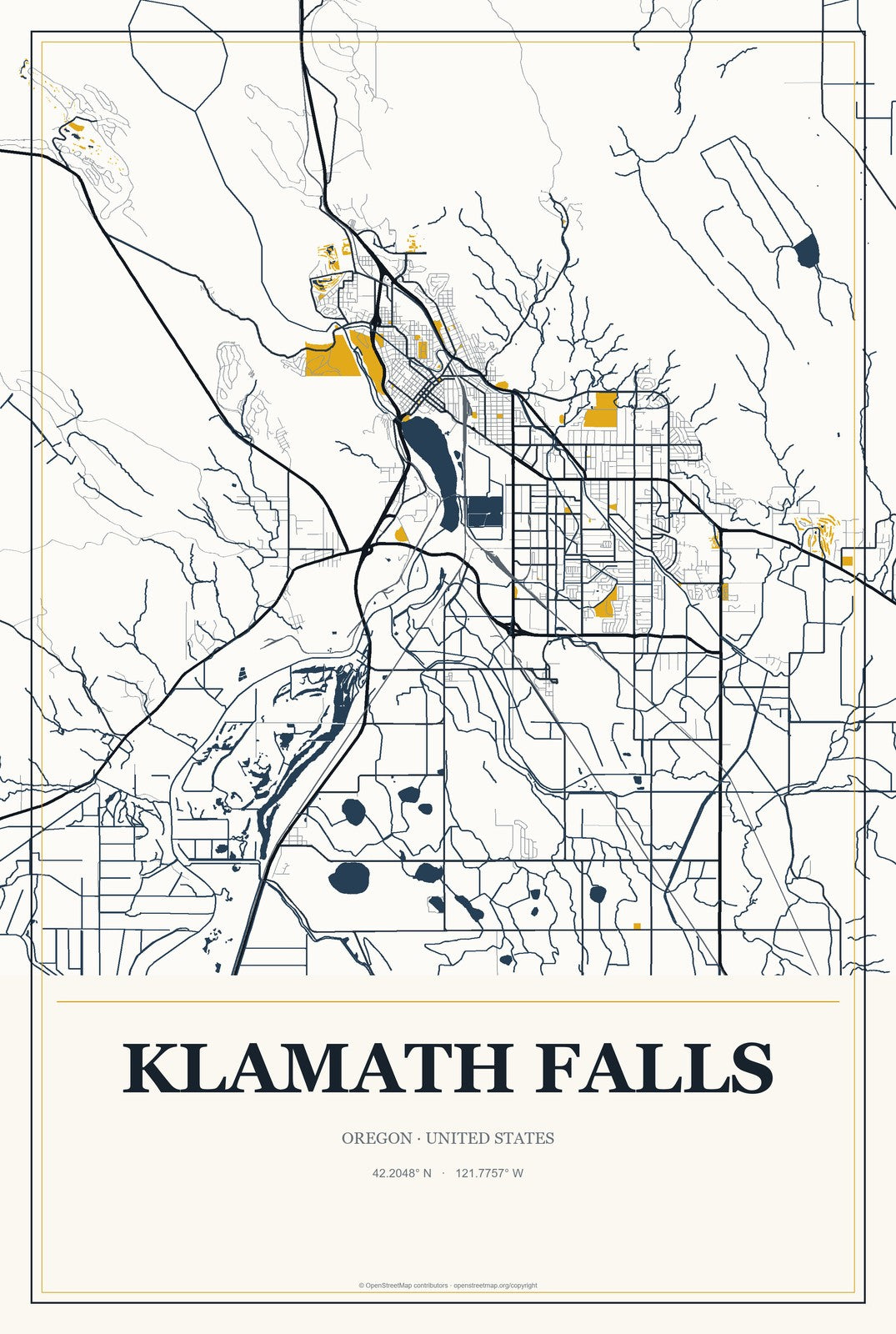 Klamath Falls, Oregon City Map Aluminum Sign in Citrine Modern style