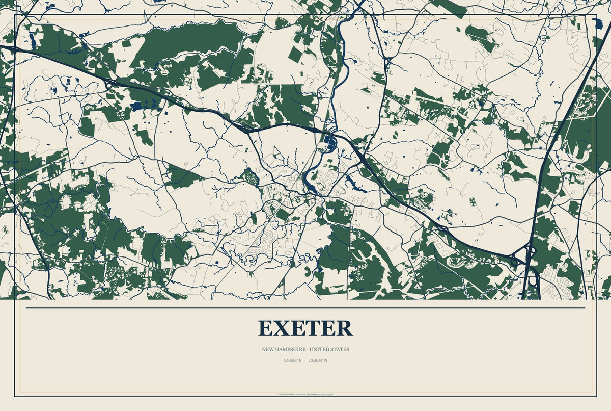 Exeter, New Hampshire City Map Aluminum Sign in Coastal Cutout style