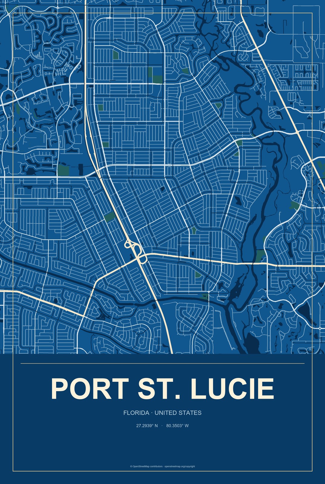 Port St. Lucie, Florida City Map Aluminum Sign in Harbor Cobalt style