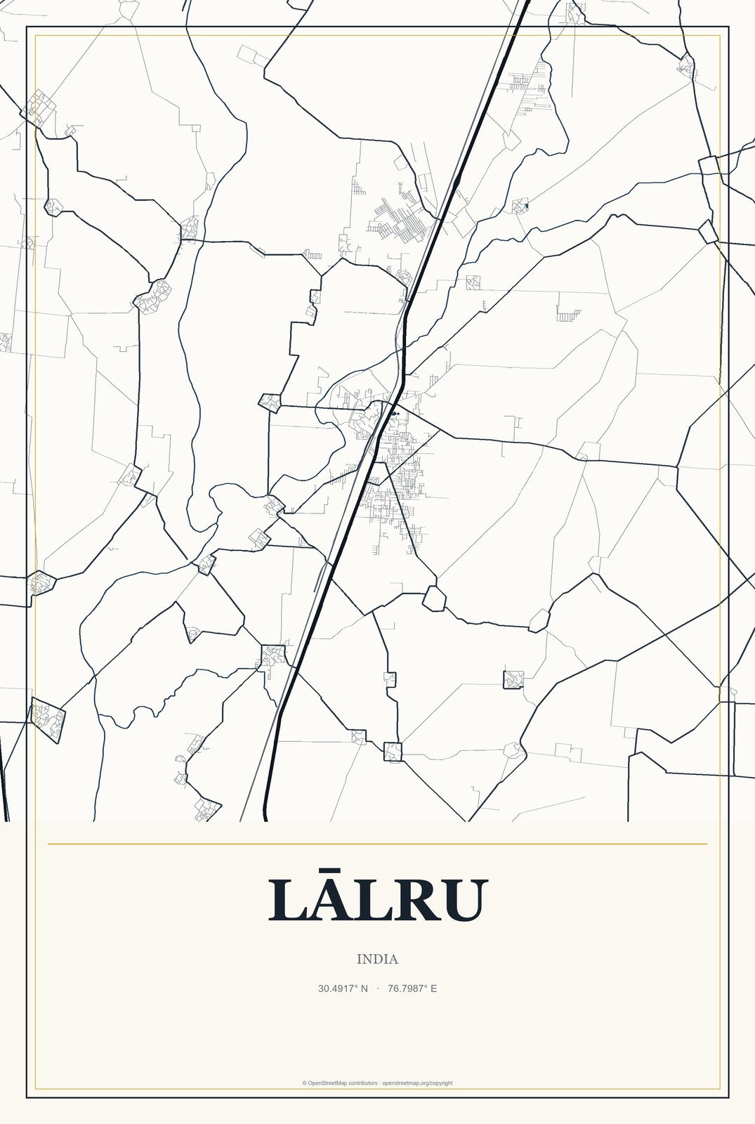 Lālru, India City Map Aluminum Sign in Citrine Modern style