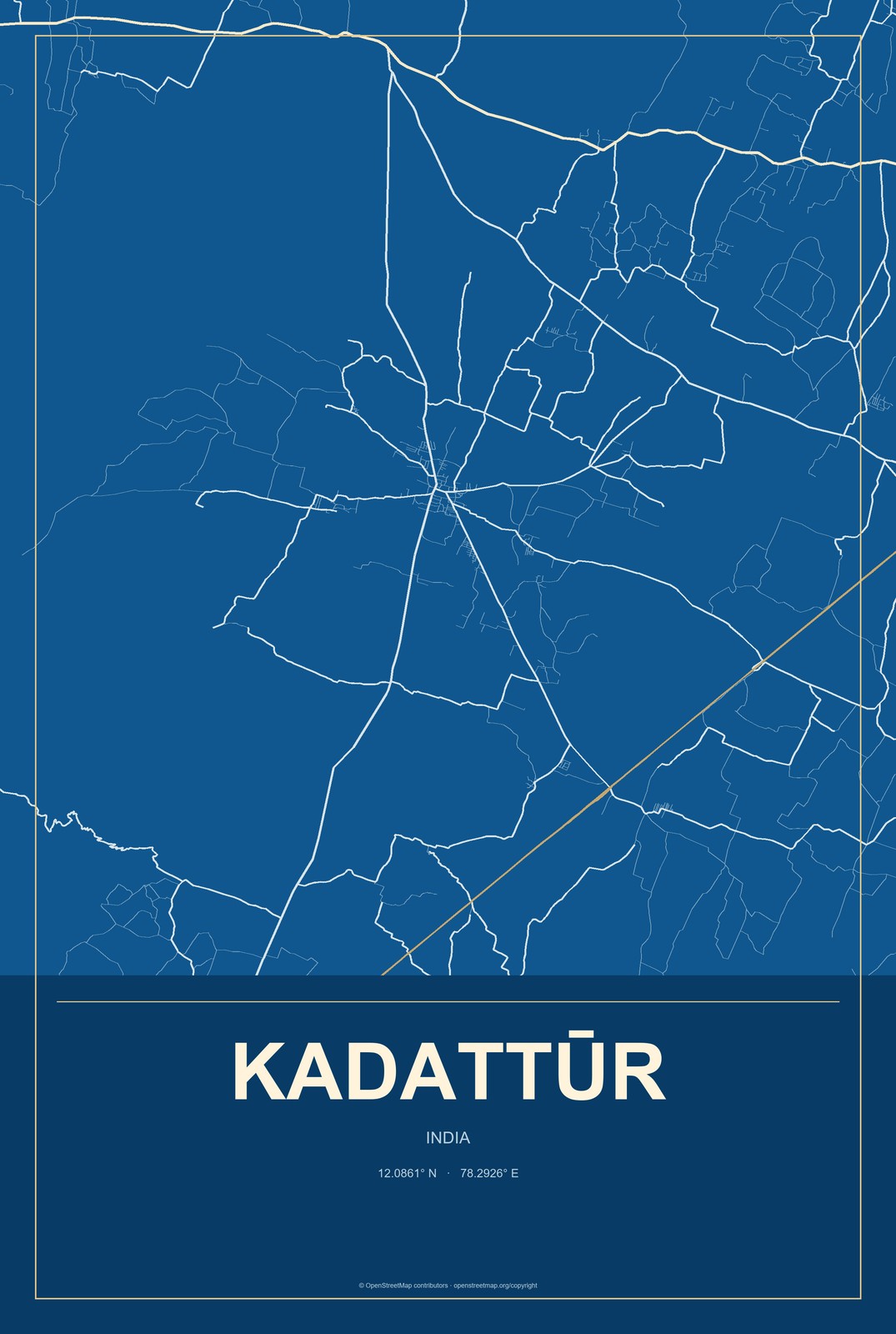 Kadattūr, India City Map Aluminum Sign in Harbor Cobalt style