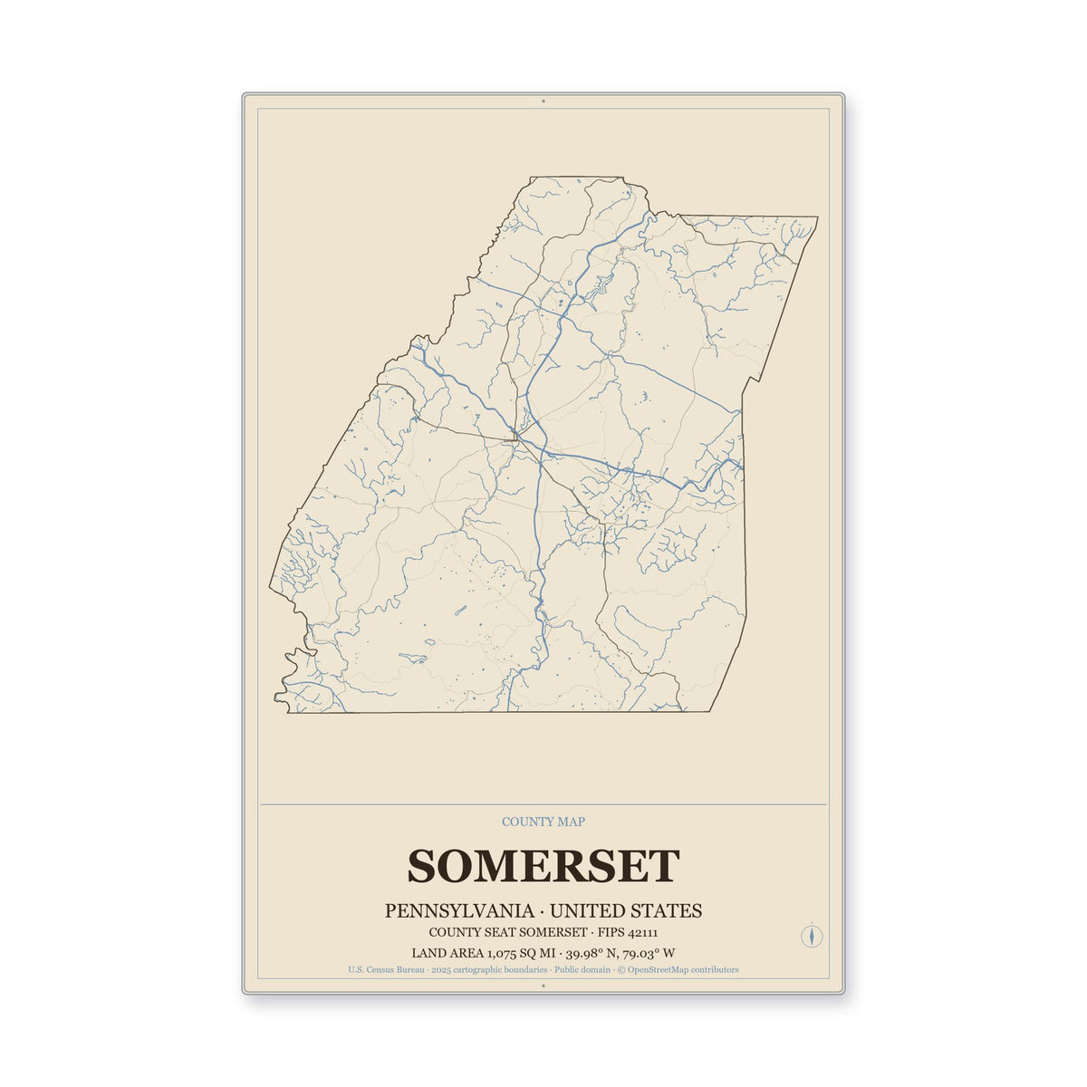 Somerset County, Pennsylvania Map Aluminum Sign in Heritage Nautical style