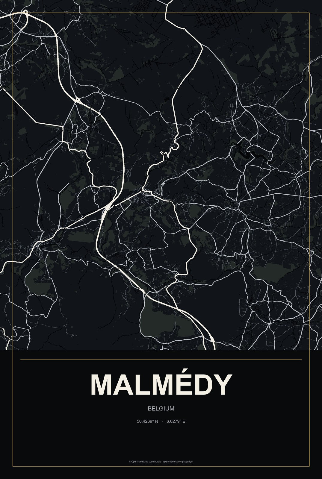 Malmédy, Belgium City Map Aluminum Sign in Metropolitan Noir style