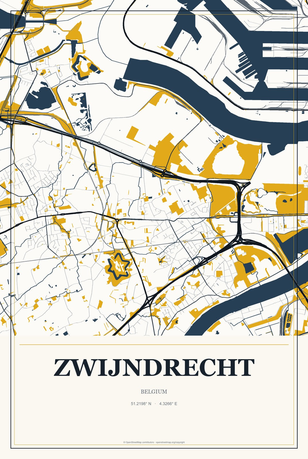 Zwijndrecht, Belgium City Map Aluminum Sign in Citrine Modern style