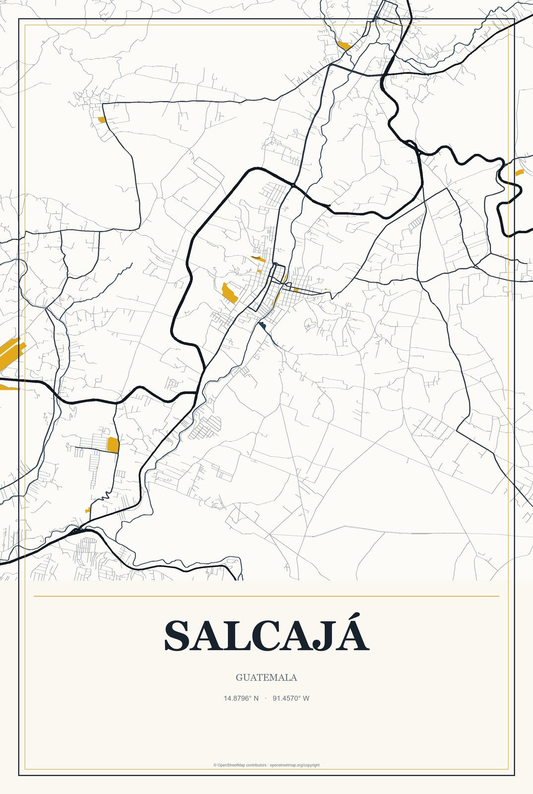 Salcajá, Guatemala City Map Aluminum Sign in Citrine Modern style