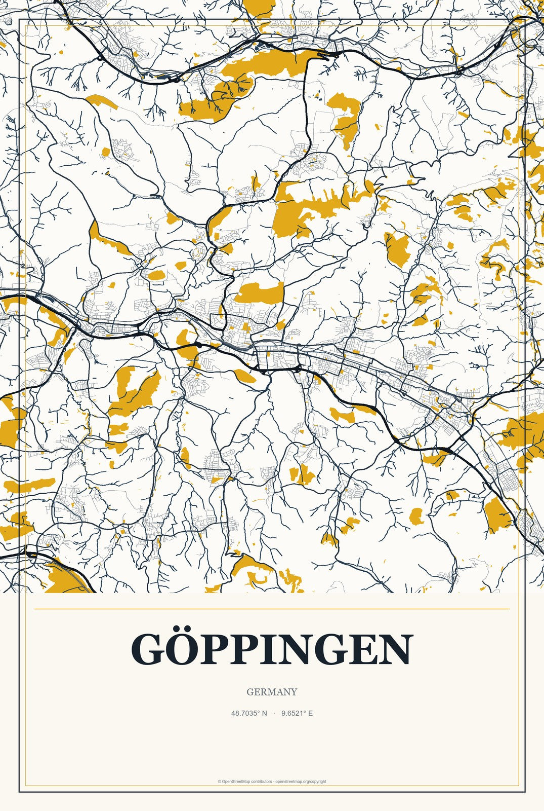 Göppingen, Germany City Map Aluminum Sign in Citrine Modern style