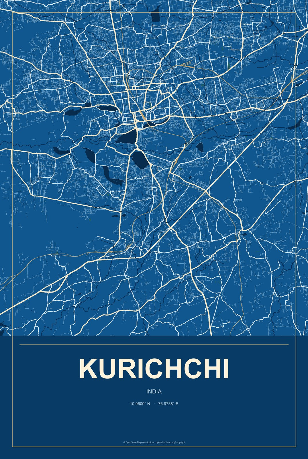 Kurichchi, India City Map Aluminum Sign in Harbor Cobalt style