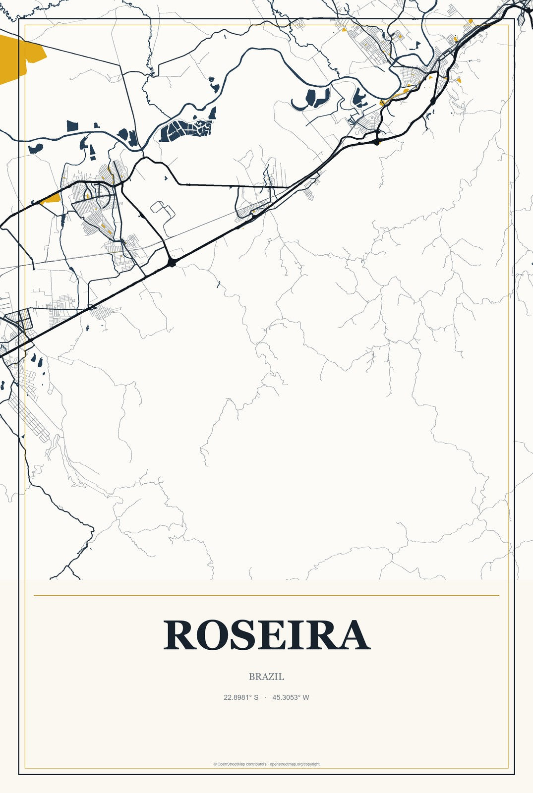 Roseira, Brazil City Map Aluminum Sign in Citrine Modern style