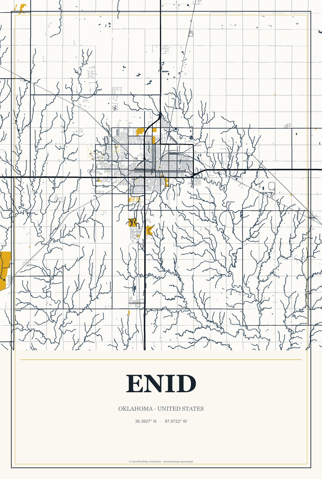 Enid, Oklahoma City Map Aluminum Sign in Citrine Modern style