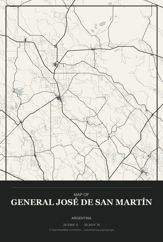 General José de San Martín, Argentina City Map Aluminum Sign in Museum Plaque style