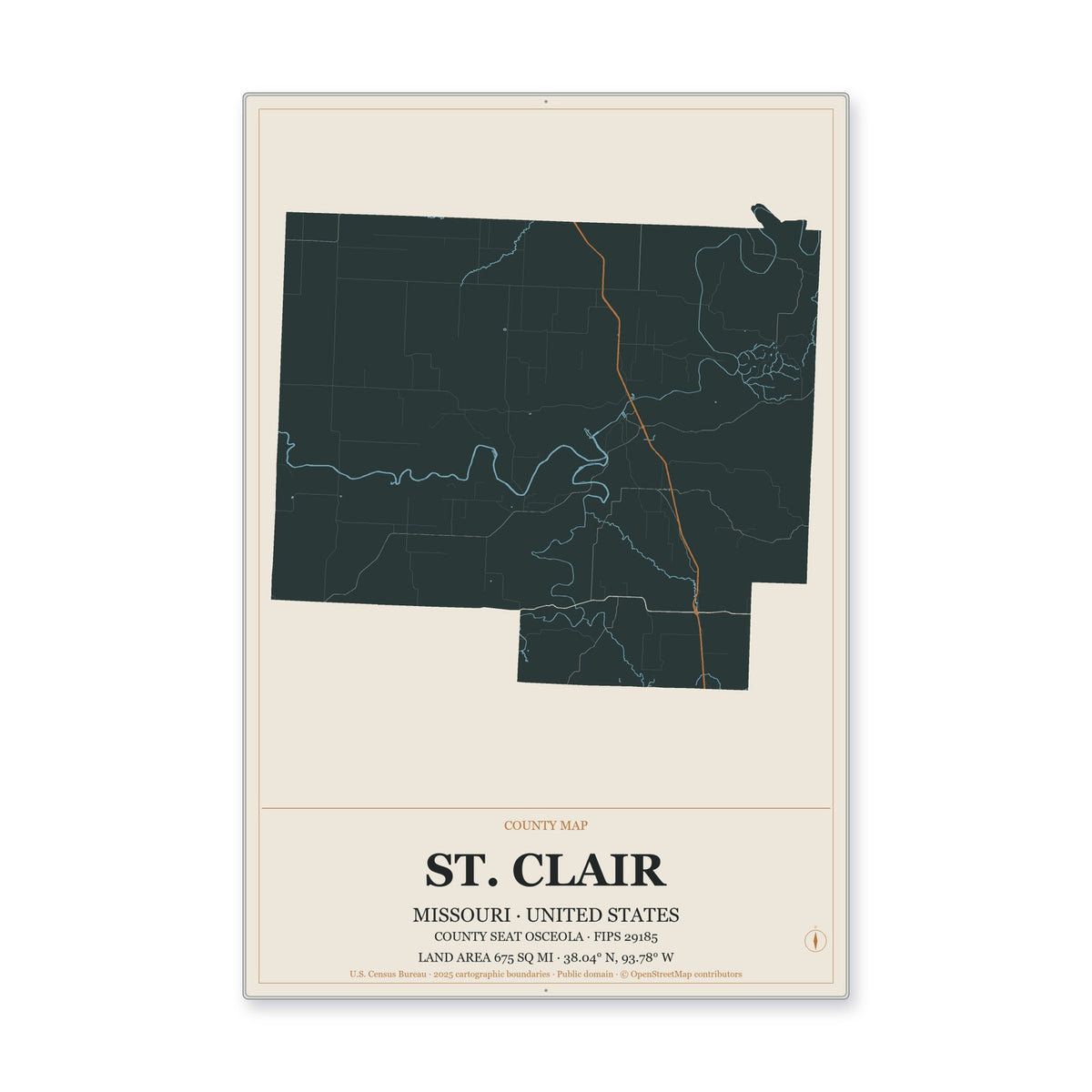 St. Clair County, Missouri Map Aluminum Sign in Headline Atlas style
