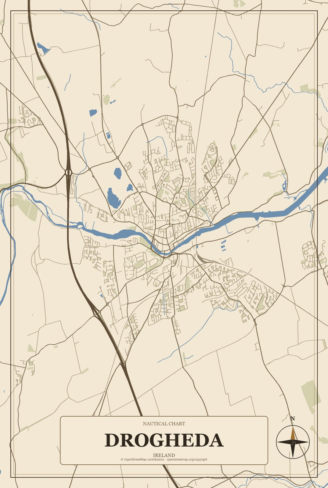Drogheda, Ireland City Map Aluminum Sign in Heritage Nautical style